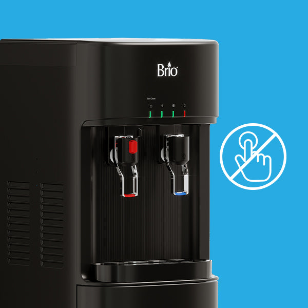 A black Brio water dispenser with hot and cold taps is shown against a blue background. To the right, a white icon indicates no touch, suggesting a touchless or hands-free feature.